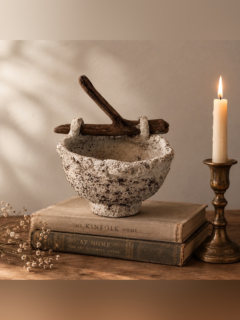 Rustic Driftwood Handle Bowl – Handmade Papier-Mâché Decor